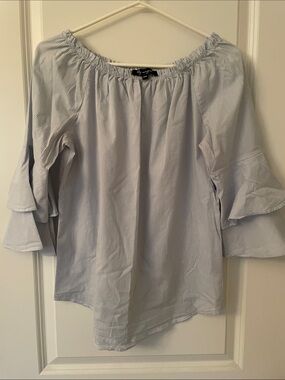 Off-Shoulder Ruffle Sleeve Blouse - Light Blue Stripe